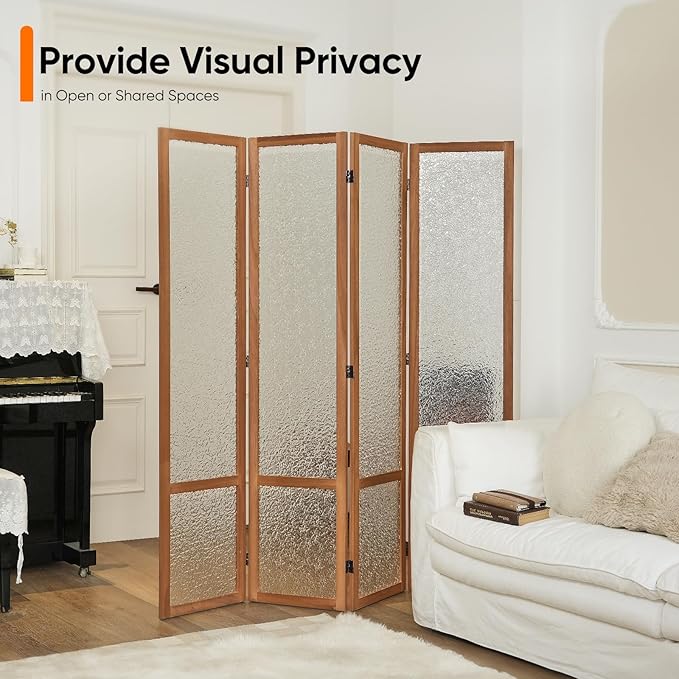 JOSTYLE Acrylic Room Divider, Frosted Glass Like Partition Privacy Screen, 4-Panel Contemporary Translucent Wall Divider for Bedroom&Office, Brown Wood Frame, 67" H x 64" W