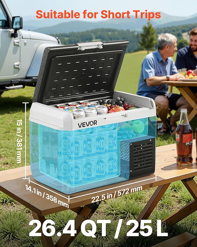 VEVOR 12 Volt Car Refrigerator, 26.4QT/25L Car Fridge, Portable Electric Freezer with -4℉ to 68℉ Adjustable Temp, 12/24V DC and 100-240V AC Compressor Cooler for Outdoor, Camping, RV