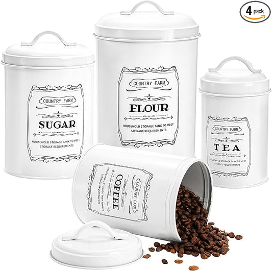 yarlung Set of 4 Kitchen Canisters with Airtight Lids, Coffee Tea Sugar Flour Tin Jars Nesting Food Storage Container Set for Farmhouse Decor, 4 Sizes