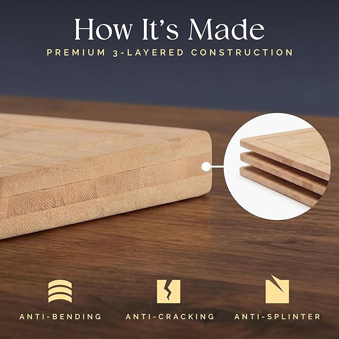 Deer & Oak Large Bamboo Chopping Board 15" x 9.8" x 0.8", Premium Wooden Kitchen Cutting Board for Meat & Vegetables, Pre-Oiled, Water Resistant, Knife-Friendly