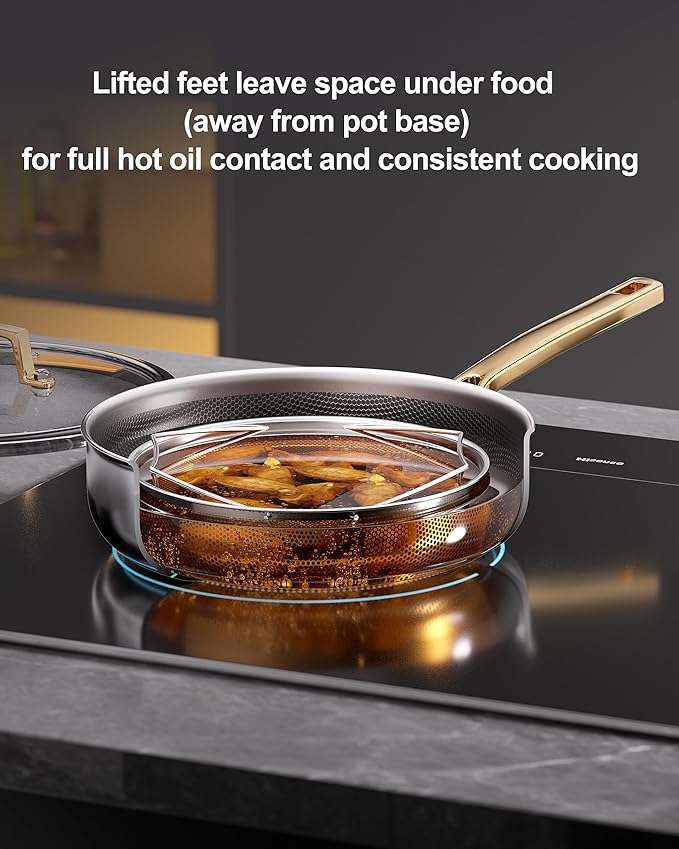FogDream Titanium Non Stick Frying Pan, 10in Tri-Ply Stainless Steel Deep Saute Pan, All-in-One Cookware Set(Spatulas&Steamer), Stay Cool Handle, Dishwasher & Oven-Safe,Induction Compatible,Gold