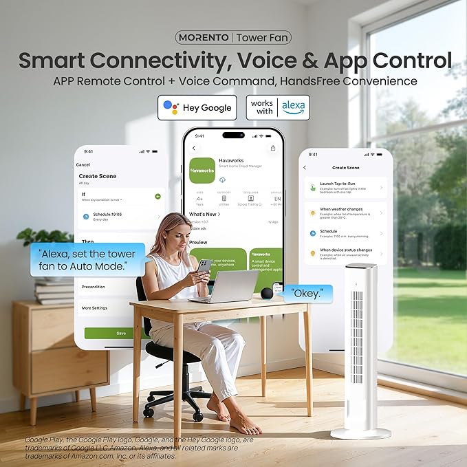 MORENTO 36-Inch Smart Tower Fan with Remote, 25ft/s Standing Fan with WiFi, App & Voice Control, 4 Modes, 4 Speeds, 12-Hour Timer, 90° Oscillating Fan for Bedroom and Office, White, 1 Pack