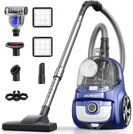 Aspiron Canister Vacuum Cleaner, 40Kpa Bagless Vacuum Cleaners, 4QT Large Dust Cup, Double HEPA Filter, Retractable Cord, 1600W Lightweight Vacuum Cleaner with 5 Tools for Hard Floors, Prussian Blue