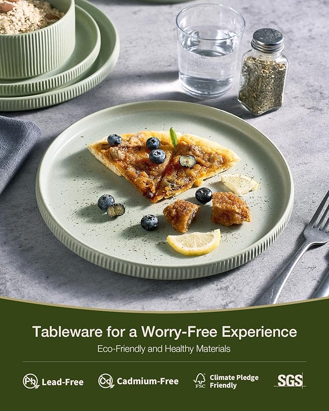 Famiware Star 24-Piece Reactive Glaze Plates and Bowls Sets, Service for 8 - Stoneware Dinnerware Set, High Edge Ribbed Dishes, Chip & Scratch Resistant, Microwave & Dishwasher Safe, Matte Sage Green