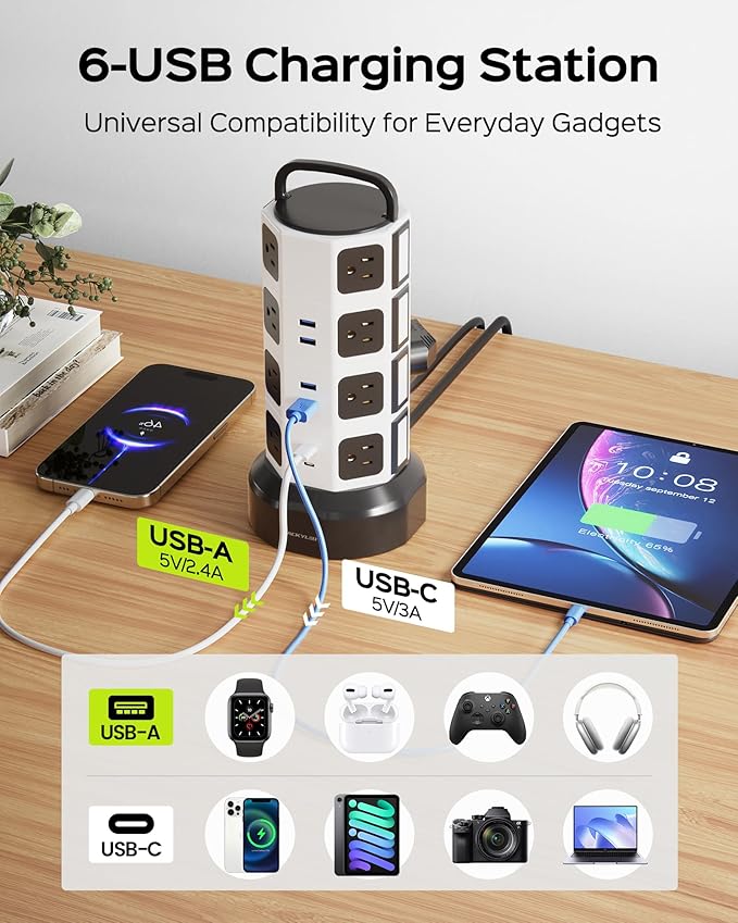 Power Strip Tower Surge Protector - JACKYLED 16 AC Outlets(13A) 6 USB Ports Electric Charging Station, 1050J Surge Electric Tower, 1625W Outlet Extender, 6.5ft Heavy Duty Extension Cord for Home
