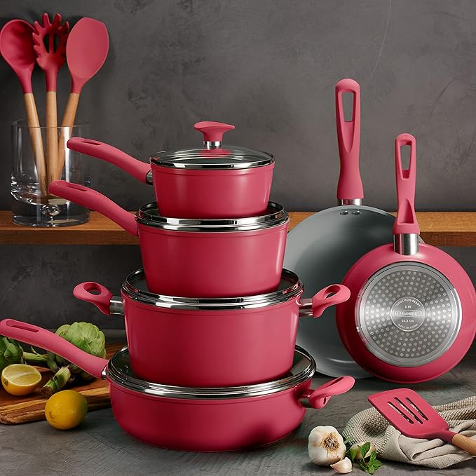 Tramontina Solara 14-Piece Ceramic Non Stick Cookware Set with Lids, Heavy-Gauge Aluminum Pots and Pans Kitchen Set with Nonstick Coating, Dishwasher and Oven Safe (Red)
