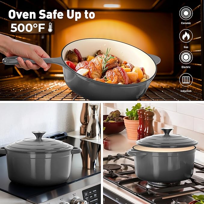 DishDelight Enameled Cast Iron Pots and Pans Set, 7 Piece Dutch Oven Set with Lids, Enamel Coated Non Toxic Cookware, PFOA&PFAS Free, Gray