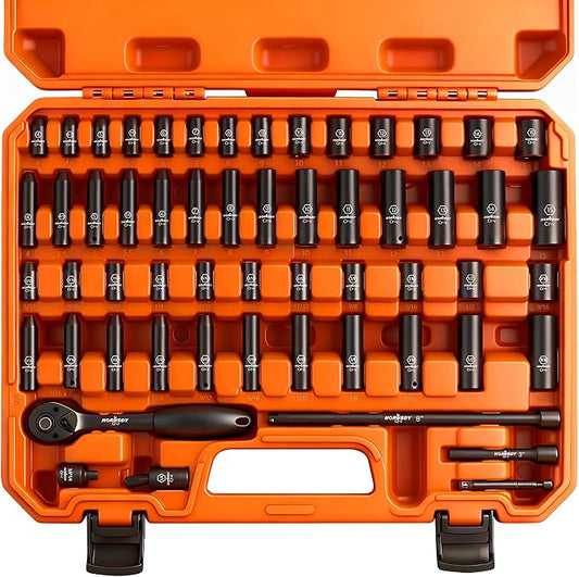 HORUSDY 56-Piece 1/4" Drive Impact Socket Set, Standard SAE (5/32 to 9/16 inch) and Metric (4-15mm) Size, 6 Point, Cr-V, 1/4-Inch Drive Ratchet Wrench, Drive Extension Bar, Impact Universal Joint