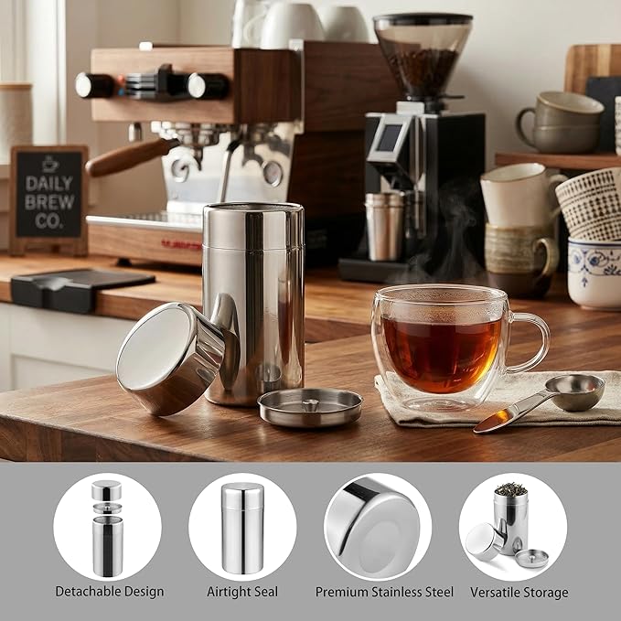 OLULU 19oz Tea Canister Double Seal Stainless Steel Airtight Tea Tin, Tea Container for Loose Leaf Tea Coffee Herbs and Spices Storage