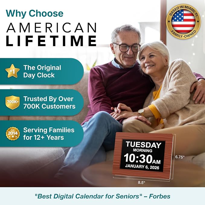 American Lifetime New 2026 Dementia Clock Large Digital Clock for Seniors, Large Display with Custom Alarms, Calendar Clock with Day & Date for Elderly, Clear Numbers Alzheimer Digital Clock Wood