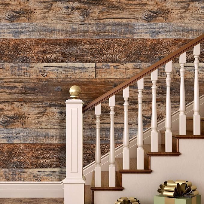 WENMER 23.6" x 394" Brown Wood Peel and Stick Wallpaper Shiplap Self Adhesive Wall Paper Wood Plank Wallpaper for Cabinet Countertop Shelf Drawer Wall Door