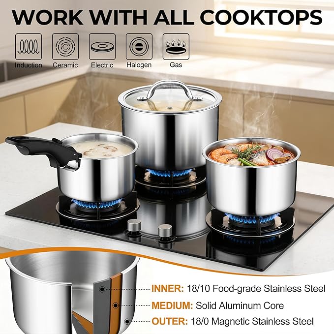 P&P CHEF Tri-Ply Cooking Pots and Sauce Pans, 9Pcs Stainless Steel Cookware Set with Removable Handle, Induction 2Qt Saucepan, 3Qt Small Pot & 4Qt Stock Pot, Oven & RV Safe to 500℉, Dishwasher Safe