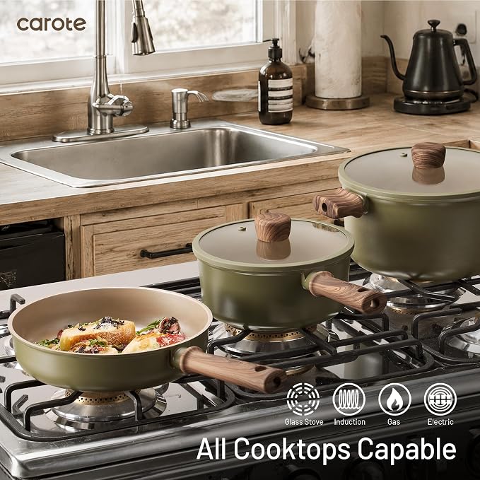 CAROTE 21pcs Ceramic Cookware Set, Pots and Pans Set, Green | Non-Toxic Healthy Kitchen Cooking Set, Easy Clean, Even Heating, Fit All Stovetops, with Silicone Lids, PFAS FREE