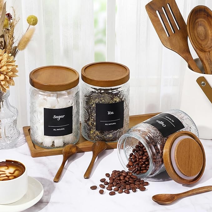 3 Pcs Glass Coffee Container Set with Wooden Lid Spoon Shelf Labels Clear Sugar Tea Airtight Jar Food Storage Canisters Set for Spice Holder Coffee Bar Gifts(Sunflower,24 oz)