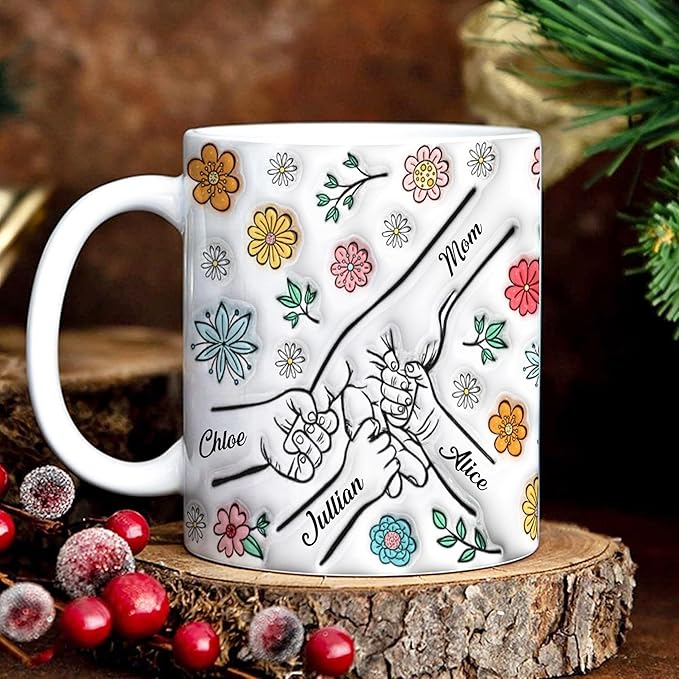 LOVELYPOD Personalized Mom Coffee Mug With Kids Names, You Hold Our Hands Also Our Hearts Mug, Coffee Cup for Mom, Mothers Day Mugs, Custom Mama Gifts, Customized Mothers Day Gifts 01