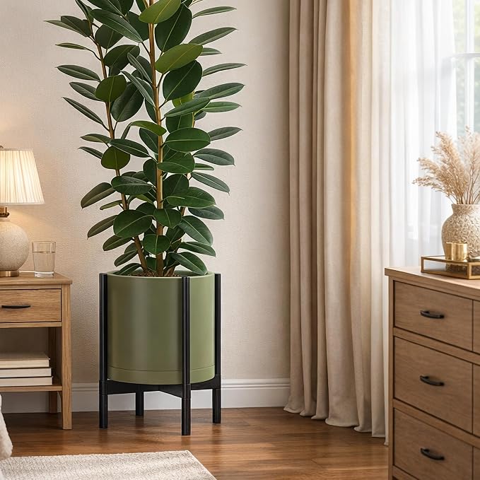 D'vine Dev Plastic Pot with Ebony Wood Stand, Olive, 14 in, 55-C-T-3 | Mid-Century Inspired Design, Elevated Plant Display, Clean Lines, Sturdy Support, Modern Space-Saving Style