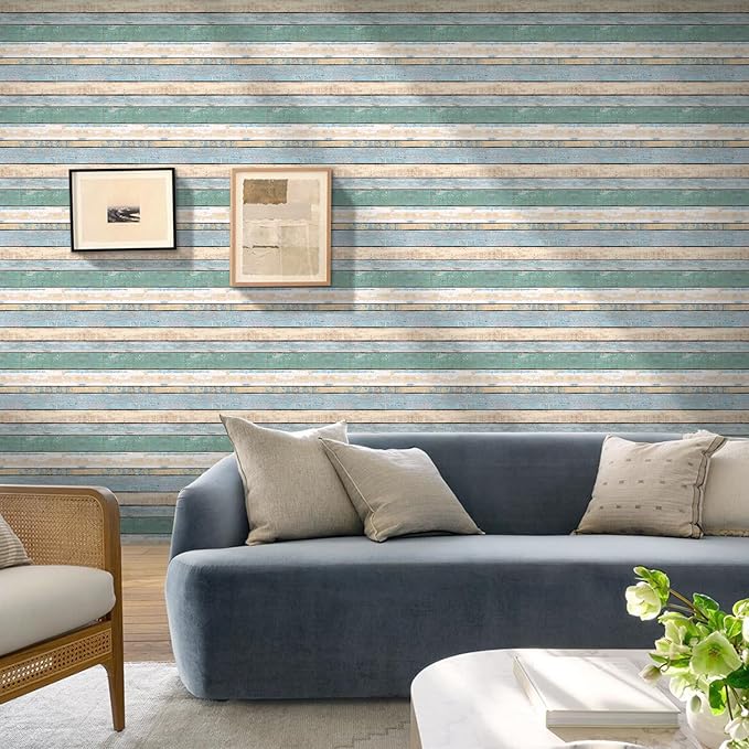 COMSTICKC Peel and Stick Faux Wood Wall Sticker Wall Panels, 10 Pcs of 12" x 12", Ultra-Light Thin PVC 3D Fake Wood Shiplap Self-Adhesive Wall Covering Wallpaper Interior Decor, Vintage Green