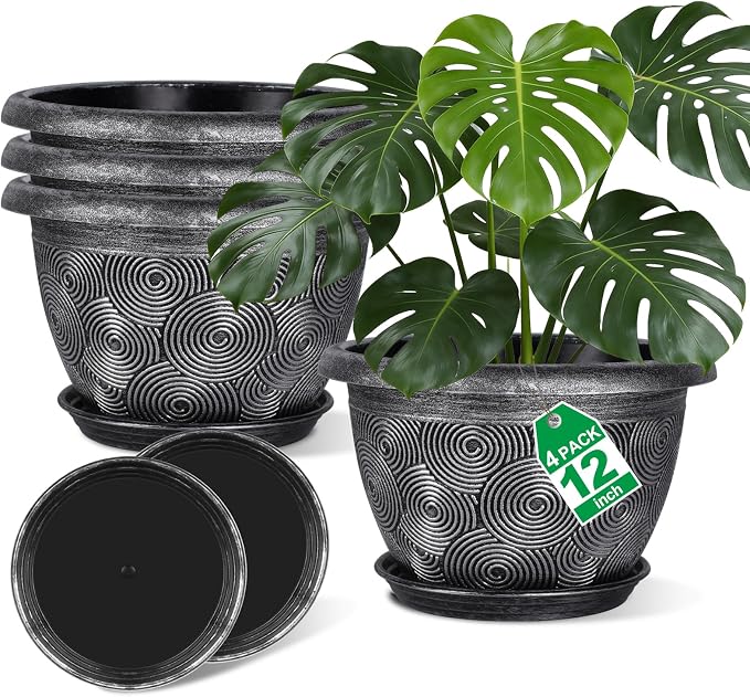 12-Inch -Plastic-Pots -For-Plant With Saucer, 4 Pack Outdoor Planters With Drainage Holes, Decorative Flower Pots For Indoor Plants, Modern 3D Swirl Silver Large Plant Pots With With Removable Tray
