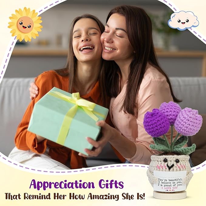 OASSIE Birthday Gifts for Daughter - Handmade Emotional Support Crochet Tulip with Card - Inspirational Appreciation Mothers Day Graduation Gifts for Women Daughter Granddaughter