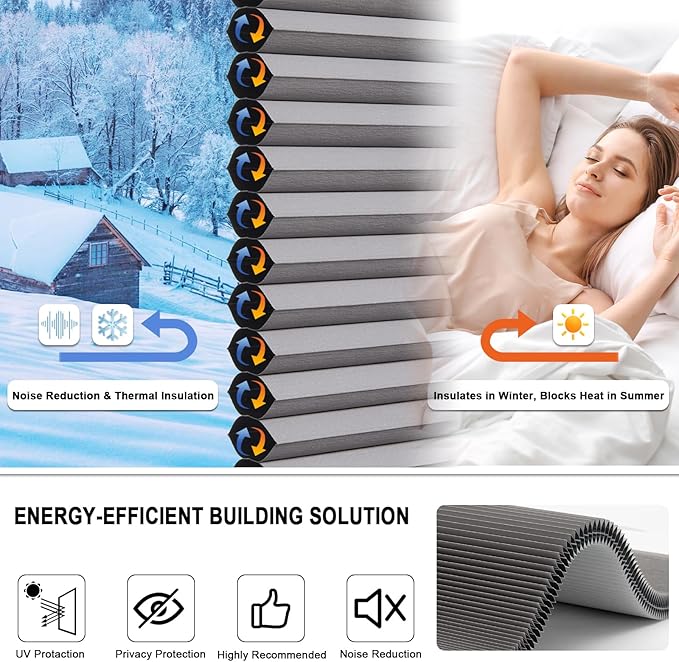 Tonature No Drill Cellular Shades for Indoor Windows, Thermal Insulating & Noise Reducing Honeycomb Blinds, Free Stop Cordless Blackout Shades, Grey,18" W x 64" H