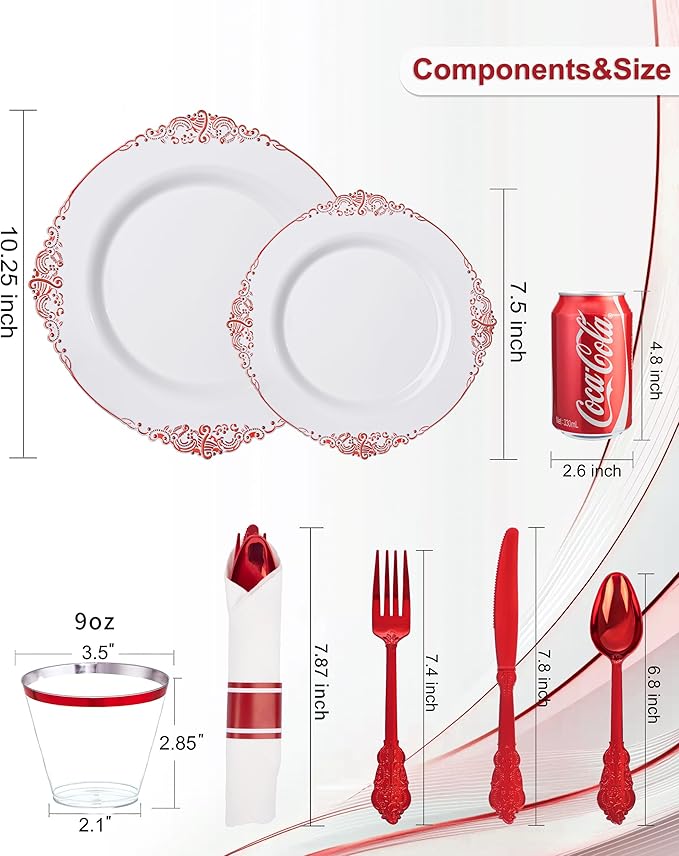 Nervure 350PCS Red Plastic Plates - White Red Plastic Dinnerware Set for 50 Guests - 100 Red Disposable Plates, 50 Pre Rolled Cutlery Set, 50 Cups Perfect for Wedding & Party & Mothers Day