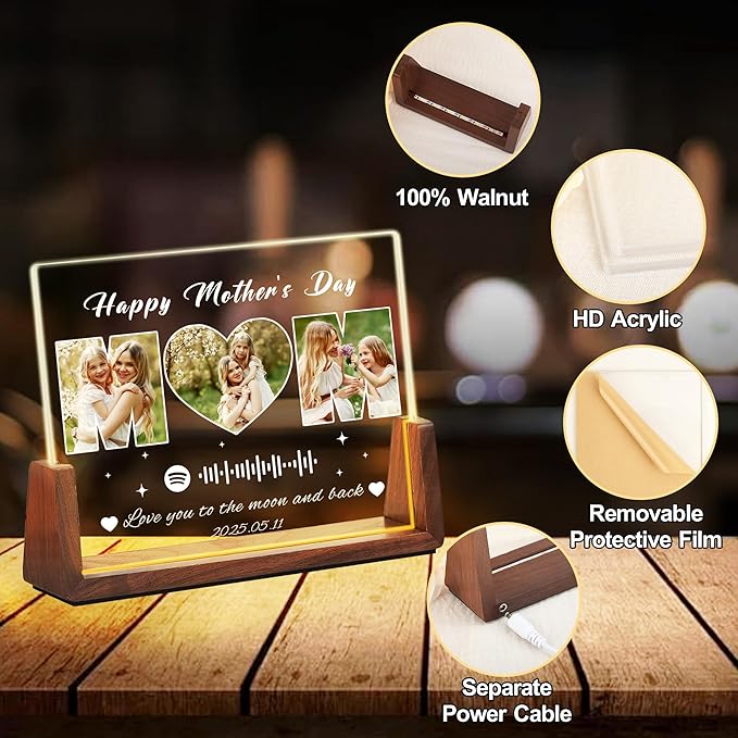 Personalized Mothers Day Birthday Gifts For Mom, Custom Spotify Plaque Mom Gifts From Daughter Son Husband, Light Up Picture Frame With Photo Name Customized Gift For Mama Grandma Wife
