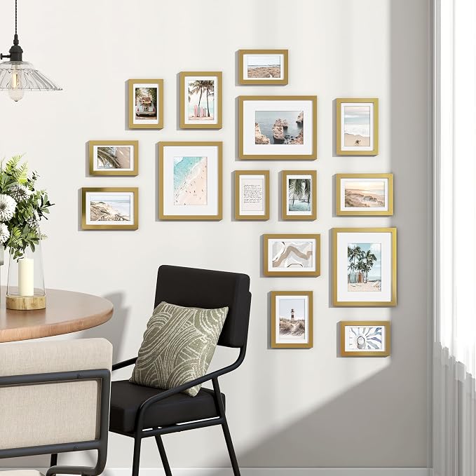 Venusmiles 15 Pack Picture Frames Collage Wall Decor, Gallery Frame Set for Wall Mounting or Tabletop Display, Multi Sizes Including 3pcs 8x10, 6pcs 5x7, 6pcs 4x6, Gold