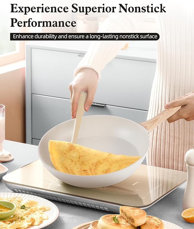 12-Piece Beige Granite Cookware Set, Nonstick Ceramic Pots and Pans Set with Frying Pans & Saucepans, Non-Toxic PFOS/PFOA Free, Induction Compatible with Wood Grain Soft-Touch Handles