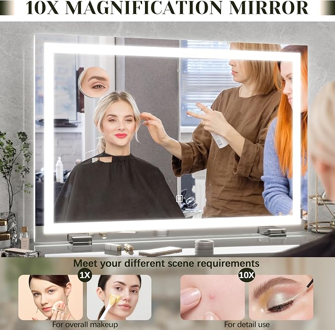 ROLOVE 32x 22 Inch Large Lighted Vanity Mirror with Dimmable 3 Modes, LED Makeup Mirror for Bathroom ＆ Dressing Room, Tabletop or Wall-Mounted, White