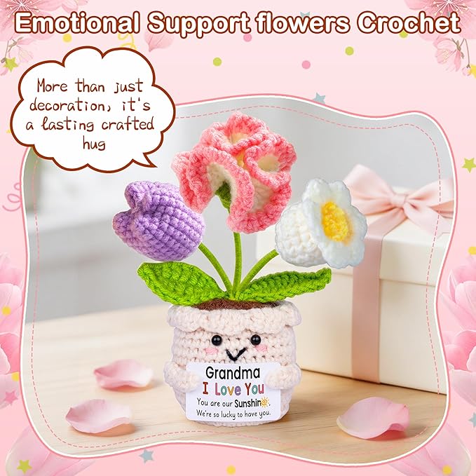 Mothers Day Birthday Gifts for Grandma, Grandma Gifts from Grandkids, Mother's Day Birthday Gift for Nana Grandmother GaGa, Cute Handmade Crochet Tulip 3 Flowers Pot Doll I Love You Present for Gigi