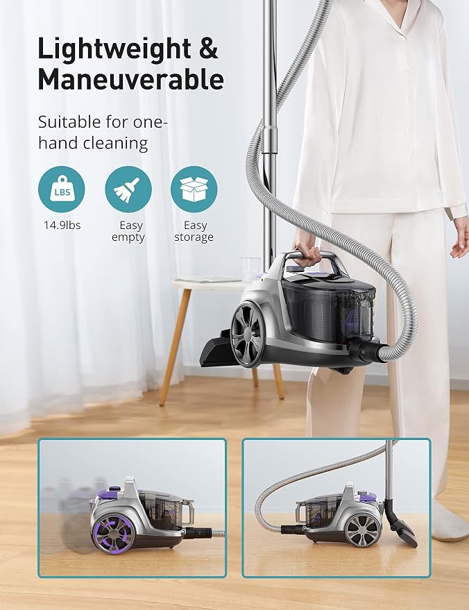 Aspiron Canister Vacuum, Upgraded 1600W Bagless Canister Vacuum Cleaner | Auto Cord Rewind, H13 HEPA Filter, 4Qt Large Capacity, 5 Tools for Hard Floors, Carpet, Pet, Upholstery, Tiles, Champagne