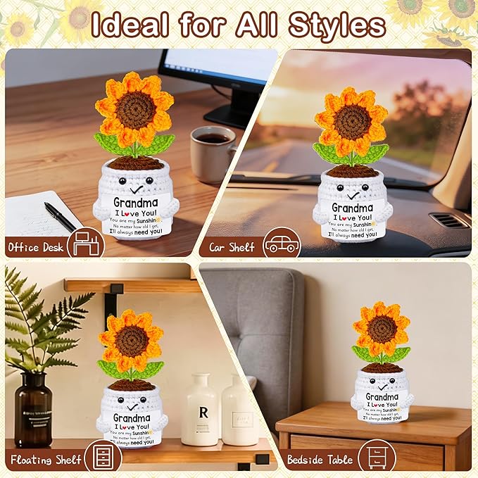 Qunland Mothers Day Birthday Gifts for Grandma, Grandma Gifts from Grandkids, Mother's Day Birthday Gift for Nana Grandmother GaGa, Handmade Crochet Mini Sunflower Pot Doll I Love You for Gigi