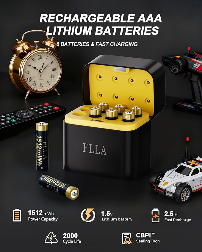 Flla Rechargeable AAA Lithium Batteries, 8 Pack 1.5V 1512mWh Triple A Batteries with USB-C Fast Charger & Storage Case, 2000+ Cycles for Blink Cameras, TV Remotes, Home Electronics
