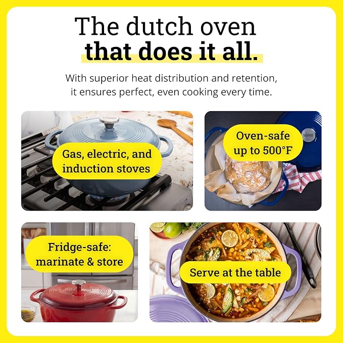 Lodge Essential Enamel Cast Iron Dutch Oven 6 Quarts - Perfect for Bread Baking, Braising, Marinating & Slow Cooking, Features Moisture-Sealing Lid & Dual Handles, Kitchen Essentials, Caribbean Blue