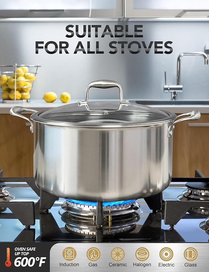 MICHELANGELO Tri-ply Stainless Steel Stock Pot, Heavy Duty Stockpot with Lid, Nonstick Cooking Pot with Honeycomb Interior, Induction Ready, 10 Quart