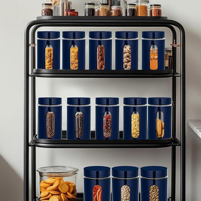 Mimorou 6 Pack Kitchen Canisters Set Airtight Coffee Sugar Tea Storage Jars with Window Glass Stainless Steel Containers with Lids for Flour Cookies Spices Grains Kitchen Decorations (Navy Blue,32 oz)