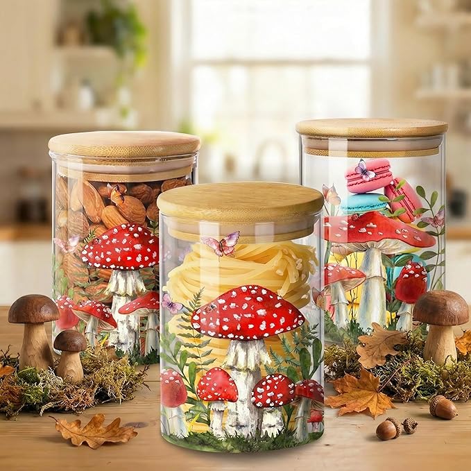 Mushroom Clear Glass Storage Jar with Airtight Lid, Food Canister for Kitchen Countertop, Coffee Tea Sugar Cookie Spice Home Kitchen Organizers 3 Pack
