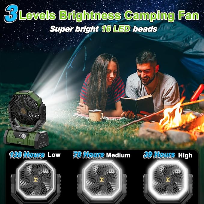 20000mAh Rechargeable Camping Fan, Auto-Oscillating Portable Fan for Camping with Remote & LED Lantern, 4 Speeds Battery Powered Fan with Hanging Hook & Timer for Tent, Travel, Outdoor, Home, RV