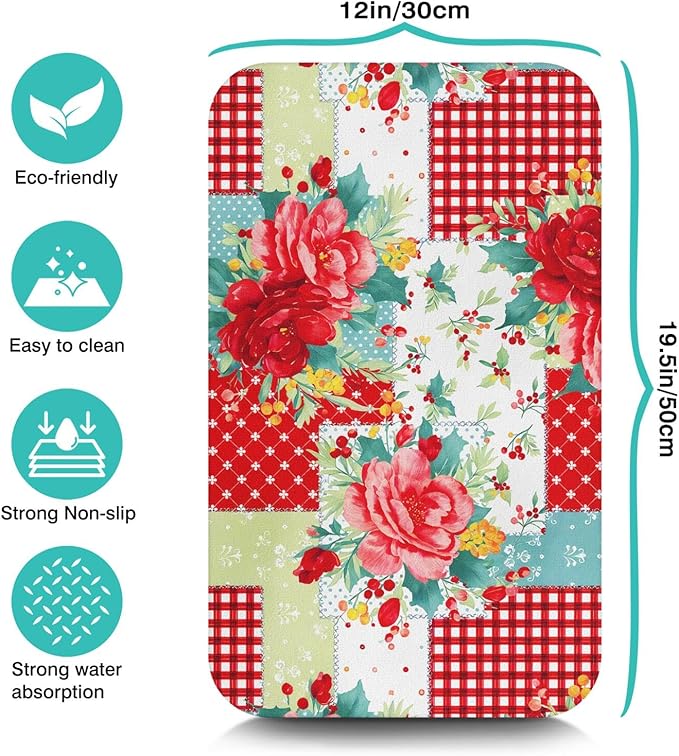 Kitchen Counter Drying Mat, Floral Patchwork Design, Red and Green Rose Pattern,12x20 Inch