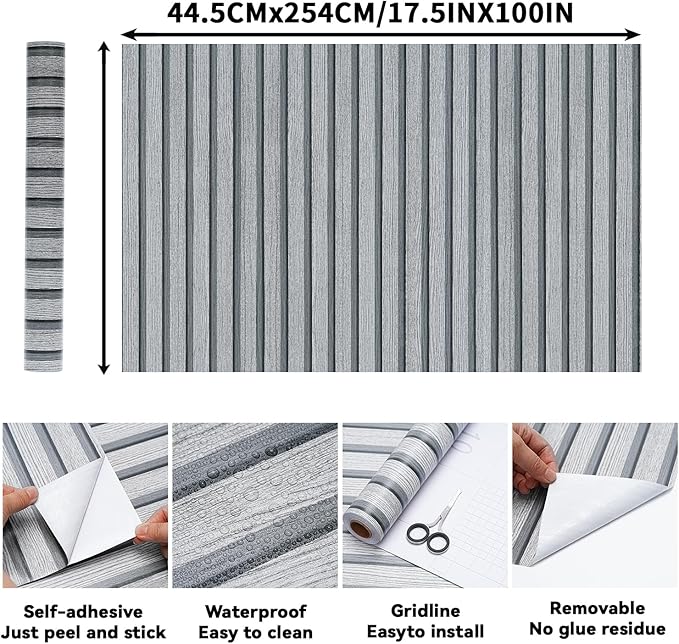 Peel and Stick Wood Slat Wall Panels - 17.5" x 100" Gray Self-Adhesive Wallpaper Roll, 3D Textured Accent Wall Decor for Bedroom, Living Room, Office, Easy DIY Removable Covering