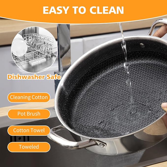 Toutrop 6 QT Hybrid Nonstick Saute Pan with Lid,Tri-Ply Stainless Steel 12.5Inch Frying Pan Cookware,Induction Skillet,Dishwasher & Oven Safe