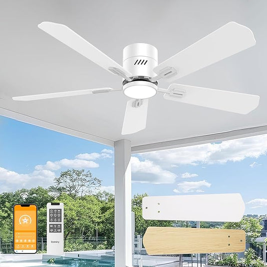 DAMINY 52 inch 5 Blades White Ceiling Fans with Lights,Flush Mount,6CCT, Low Profile Ceiling Fan with Light and Remote Control,DC Motor,Ceiling Fan for Bedroom, Kitchen,Living Room,Indoor/Outdoor Use