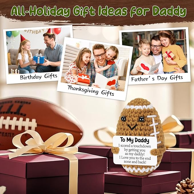 Daddy Gifts from Daughter Son Wife, Positive Handmade Crochet Daddy Father's Day Birthday Gifts, Funny Cute Small Gift for Dads, I Love You Papa Gift Idea, Unique Football Doll for Bonus Dad