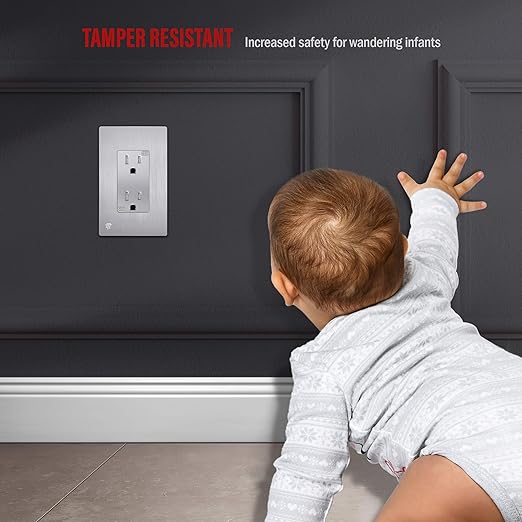 ENERLITES Elite Series Decorator Receptacle, Child Safe Tamper-Resistant Outlet, Self-Grounding, Residential Grade, 15A 125V, UL Listed, 61501-TR-SVWBP, Brushed Silver With Wall Plate
