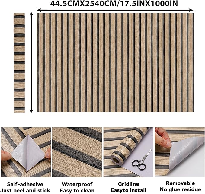 Peel and Stick Wood Slat Wallpaper - 17.5" x 1000" Self-Adhesive Wood Panel for Walls Easy DIY Wall Decor Brown Faux Wood Contact Paper Removable Wall Covering for Bedroom, Living Room, Office