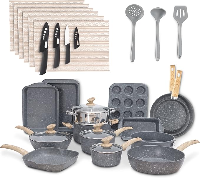 MAISON ARTS 30-Piece Pots and Pans Set - Kitchen Cookware Sets with Nonstick Granite Stone Coating, Suitable for Induction Cooktops,Grey