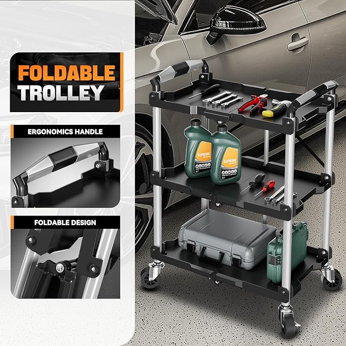 Auto Dynasty 3-Tier Folding Utility Cart with Wheels Lockable, 265LB Heavy Duty Collapsible Service Cart Foldable Rolling Carts for Home, Garage, Warehouses, Restaurants, Workshops