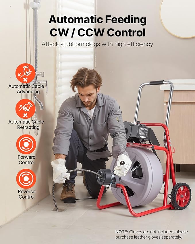 VEVOR Drain Cleaner Machine 100 FT x 1/2 Inch, Auto Feed Sewer Snake Drain Auger on Wheels, Portable Drain Cleaning Machine with 8 Cutters & Air-Activated Foot Switch for 2" to 6" Pipes