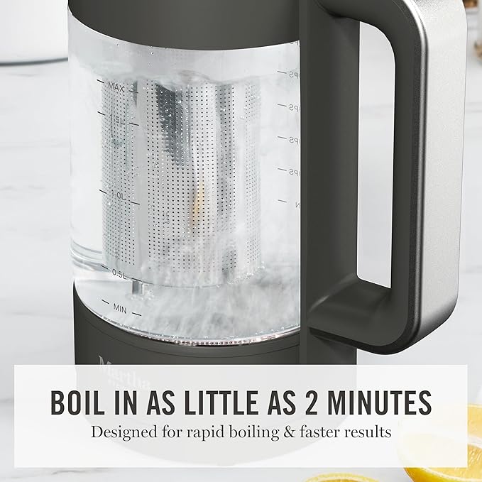Martha Stewart Electric Kettle with Removable Stainless Steel Tea Infuser, Glass Carafe 1.7L (7 Cups), Hot Water Boiler, 4 Presets, Keep Warm & Auto Shut-Off, Cordless 360° Swivel Base, Caviar Gray