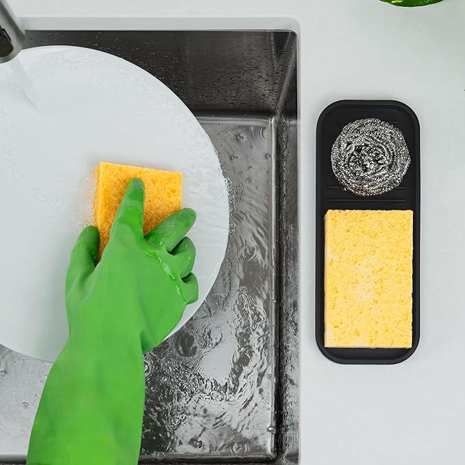 Zulay Kitchen (9x3.5) Silicone Sponge Holder for Kitchen Sink - Flexible Multipurpose Soap Tray Sponge Holder - Sink Organizer Tray for, Bathroom, Makeup, Trinkets & More (Black)